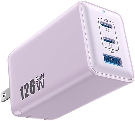 High-Efficiency 128 W USB C Wall Charger – Ga N III 3-Port Fast Charging Hub for Mac Book, i Phone, Galaxy & More – Portable 65 W Adapter with Foldable Design for Ultimate Convenience and Speed