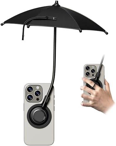 Portable Black Magnetic Phone Umbrella with Adjustable 360° Shade, Foldable Sun Protection & Built-in Ring Holder – i Phone 12-16 Compatible and More Devices, Magnetic Sticker for Quick Setup and Enhanced Functionality