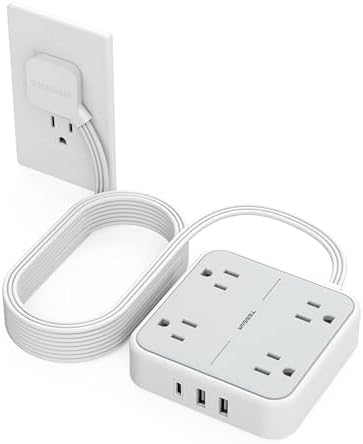 TESSAN 5 FT Flat Extension Cord Surge Protector – 4 Outlet Power Strip with 3 USB C Ports (1 USB C) for Fast Charging, 900 Joules Electronics Protection, Space-Saving Design for Home, Office, and Dorm Use, Enhanced Compatibility and Efficiency
