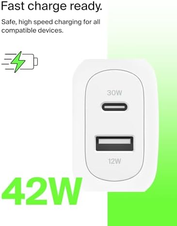Belkin 42 W Dual Port Charger Block – High-Efficiency USB-C & USB-A Fast Charging Adapter for i Phone 16, Samsung Galaxy S25, Mac Book & More – Optimal Portable Power Solution for Multi-Device Charging at Home and On-the-Go – Elegant White Design for Tech-Savvy Users