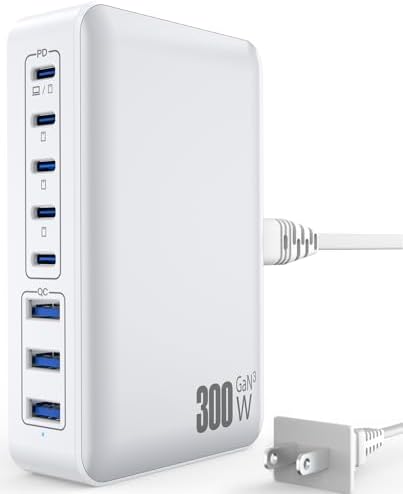 Ultimate 300 W Ga N Fast USB C Charging Hub – 8-Port Power Adapter with PD 100 W for Laptops, i Phone 16/15/14, Galaxy S23/22 – Flexible 5 ft Cord for Seamless Home & Office Charging – All-in-One Device Power Solution