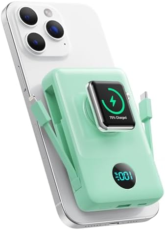 Ultimate 6-in-1 Magnetic Portable Charger, 10800 m Ah Power Bank for i Phone – Features Integrated Cables, Wireless Charging for Apple Watch, Smart LCD Display, and 25 W PD Fast Charging – Perfect Travel Accessory for All Devices with Enhanced Safety Features and Compatibility for i Phone 12 to 16 Series