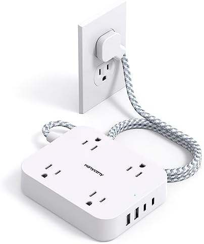 HANYCONY 10 Ft Ultra Thin Flat Extension Cord with 4 AC Outlets & 4 USB Ports (2 USB-C) – Wall-Mountable Power Strip & Desk Charging Station for Seamless Office, Dorm, and Travel Connectivity – Superior Surge Protection & Space-Saving Design