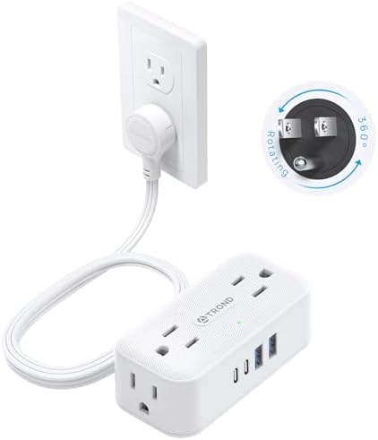 TROND 360° Rotating Flat Plug Power Strip with 5 FT Cord – 4 USB Charging Ports & 4 Wide-Spaced AC Outlets – Wall-Mountable Surge Protector for Office, Dorm, and Travel – 900 J Protection for Maximum Device Safety and Flexibility