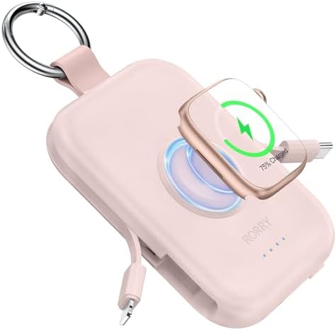 Compact RORRY 5000 m Ah Portable Charger Power Bank with Integrated Cables – Sleek Keychain Battery Pack for i Phone 16/15/14/13/12 and Apple Watch Ultra Series, Ultimate Travel Companion with Fast Charging and Modern Design