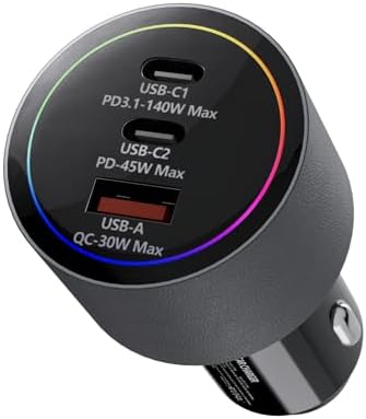 175 W Ultra-Fast Car Charger Adapter – Multi-Device Super Charging Hub for i Phone 16/15/14 Max, Samsung Galaxy S24/23/22, i Pad, Mac Book Pro/Air, and USB-C Laptops – Advanced PD3.1, 140 W Power Delivery, and Intelligent PPS Technology for Rapid Charging on the Go