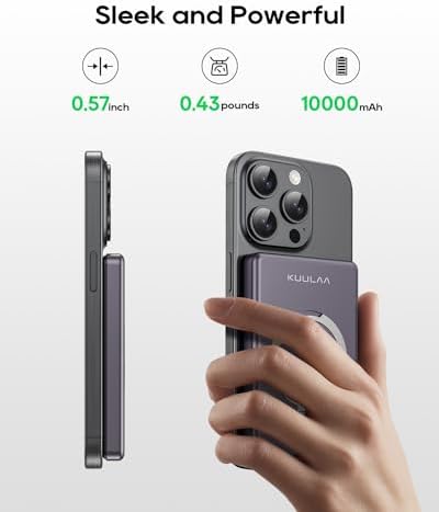 Kuulaa 10000 m Ah Magnetic Power Bank with LED Display – PD 20 W Fast Charging, Ultra-Slim Portable Charger for i Phone 16/15/14/13/12 – Mag Safe Wireless Battery Pack with Built-in Stand for Enhanced Mobility and Convenience