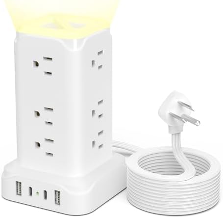 Transform Your Charging Setup with the PD20 W USB C Power Strip Tower – 6 Feet Surge Protector with 4 Fast-Charging USB Ports and Built-in Night Light, Perfect for Home, Office, or Dorm Room, Featuring a Compact Design with Thin Flat Plug for Ultimate Space Efficiency and Enhanced Device Safety