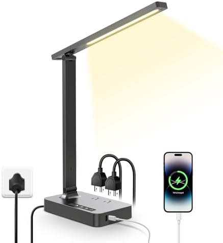 Versatile Power Strip Lamp with USB Charging: 2 AC Outlets, 1 USB-A & 1 Type-C Port, Adjustable Brightness Desk Lamp for Home Office & Dorm Room, 5 ft Extension Cord with Surge Protection for Ultimate Device Safety