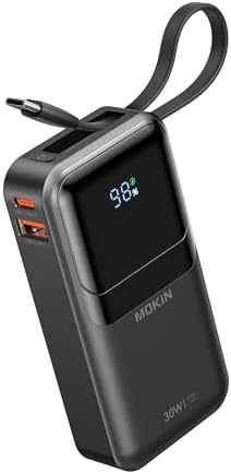MOKi N 10,000 m Ah Ultra-Fast Portable Charger with Built-in Cables & Smart Digital Display – 30 W PD Power Bank for i Phone 16/15/14/13, Samsung Galaxy S23/S22/S21, Google Pixel – Compact Travel-Friendly Battery Pack with Safety Features & Multiple Charging Ports – Lightweight & Airline-Approved for On-the-Go Convenience