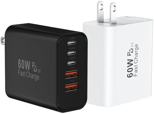Dual 60 W USB C Fast Wall Charger Block Duo – 5-Port Multiport Power Adapter for Quick & Efficient Charging of i Phone 16/15/14/13/12/11/Pro Max/Plus & Galaxy S25/S24 – Compact USB-C Solution with PD & QC Technology for Enhanced Safety and Portability – Ideal for Home, Office, and Travel Use