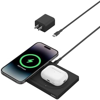 Belkin 15 W Mag Safe-Compatible 2-in-1 Wireless Charging Station – Fast Dual Device Charger for i Phone 16, 15, 14, 13 Series & Air Pods – Sleek Sand Design for Effortless Portability and Seamless Power Solutions