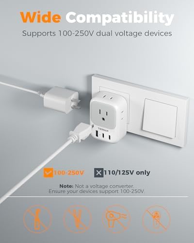 TESSAN Universal European Travel Power Adapter – 3 High-Speed USB Ports (2 USB-C) & 4 AC Outlets for Seamless Device Charging Across France, Germany, Spain, Greece & More – Compact Multi-Port Solution for Global Travelers – Ultimate Type E/F Plug Converter for Efficient Connectivity