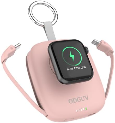 Compact 5000 m Ah Portable Charger with Built-In Cable – Ultimate Travel Keychain Power Bank for i Phone 15/14/13/12/11 and Android Devices, Wireless Charging for Apple Watch 9/Ultra2/8/Ultra/7/6/SE/5/4/3 – Enhanced Portability and Compatibility for On-the-Go Power Solutions