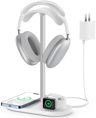 Transform Your Gaming Experience with the Hi We 3-in-1 Premium Headphone Stand & Wireless Charging Dock – Universal Desktop Organizer for Headphones, Air Pods, and Smartwatches – Durable Aluminum Alloy with Elegant Leather Pad and Stable ABS Base – Quick Charge Functionality for All Your Essential Devices