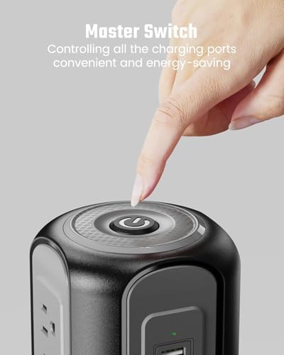 Maximize Your Charging Efficiency with the SUPERDANNY Power Strip Tower Surge Protector – 9 Outlets & 4 USB Ports, 10 Ft Extension Cord, 1080 Joules Surge Protection, Grounded Safety Design for Home and Office Use – Stylish Black Desktop Charging Station for Clutter-Free Solutions
