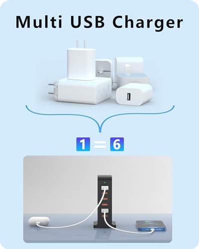 VPSUN 6-Port USB Charging Station – 50 W Rapid Multi-Device Charger for i Phone 15/14 Pro, Androids & Tablets – Space-Saving Tower Design for Home & Office – Smart Power Distribution for Optimal Charging Efficiency