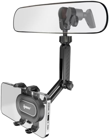 IPOW 360° Rotatable Rearview Mirror Phone Holder – Adjustable Auto Clamp Car Mount for 4-7 Inch Smartphones, Effortless Multi-Angle Viewing for Enhanced Safety and Convenience while Driving