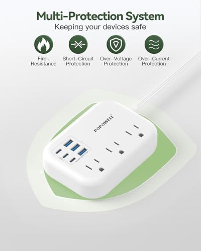 Compact 6-Port USB Power Strip with 3 AC Outlets and 6 USB Charging Ports for Ultimate Travel Convenience – 24 W/4.8 A Power Delivery, 3 FT Extension Cord, Slim Flat Plug Ideal for Cruise Ships, Offices, Dorms, and i Phone 15 Compatibility – Essential Multi-Port Charger for Efficient Device Charging