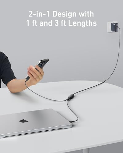 Anker Cable,6FT 2-in-1 USB C to USB C Cable 140W Max,Fast Charging for iPhone 16/16 Pro Max/15 Series,MacBook Air/Pro,and More(Braided,Black) – Enhanced Compatibility and Speed