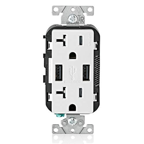 Leviton 60 W In-Wall USB Charger with Dual Type A/Type-C Ports and 20 A Tamper-Resistant Outlet – Fast Charging for Smartphones, Tablets, and Laptops – Modern Light Almond Finish, Ideal for Home and Office Efficiency – Safe, Stylish Power Solution for Tech Enthusiasts
