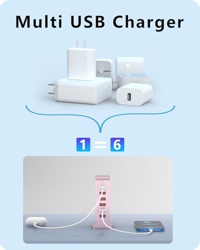 VPSUN 50 W Multi-Device USB Charging Hub – 6-Port Charger Tower for i Phone 15/14, Android, Tablets – Fast Charging Station with Smart Technology – Compact Pink Design for Home & Travel Efficiency