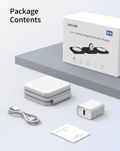 Joy Geek 3-in-1 Foldable Mag Safe Wireless Charging Station for i Phone 15/14/13/12 Pro Max Plus, Air Pods Pro/2/3 & Apple Watch 9-2/SE – Fast, Portable & Sleek Design for Ultimate Device Compatibility and Efficiency