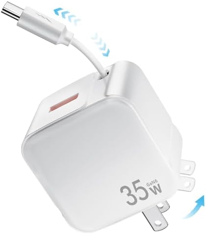 Rapid Charge 35 W Retractable Wall Charger with Built-In Cables – Cutting-Edge Gallium Nitride Technology for Swift Power Delivery to i Phone 14/13/12/11 Pro MAX/XR/XS/8/7 & i Pad – Compact & Travel-Friendly Design for Seamless Charging at Home, Office, or On-the-Go – Tangle-Free Convenience