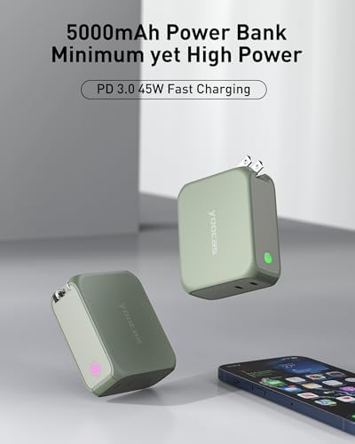 2-in-1 Hybrid Power Bank & Ga N Charger | 5000 m Ah Portable Fast Charging Solution | 20 W USB-C Dual Ports for Mac Book, Dell, i Phone, Samsung, Switch | Stylish Lake Azure & Goose Yellow Design | Ultimate Device Compatibility & Efficiency