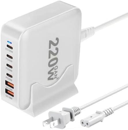 High-Power 220 W USB C Charging Station with Ga N III Technology – Multi-Port Hub Featuring 4 USB-A & 2 USB-C Ports, QC4.0 Fast Charge for Mac Book Pro & Devices – Sleek, Compact Design for Home or Office Use