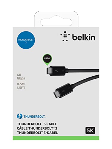 Belkin Thunderbolt 3 Cable (USB-C to USB-C) – 40 Gbps Data Transfer & 100 W Power Delivery, 1.6 ft Length – High-Speed Connection for Laptops, Tablets, and Smartphones, Sleek Black Design for Modern Tech Compatibility