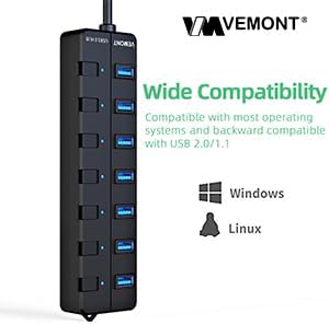 VEMONT 7-Port USB 3.0 Hub with Individual Power Switches and 5 V2 A Adapter – High-Speed USB Charging Hub for Enhanced Connectivity and Efficient Device Management with 4 ft Cable – Ideal for Tech Enthusiasts and Professionals