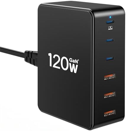 High-Power 120 W Ga N USB C Charging Station – Versatile 6-Port Hub for Fast Charging Laptops, i Phones, i Pads, and Galaxy Devices – Compact and Portable Multi-Device Charger with Advanced Safety Features