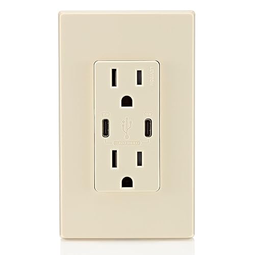 Leviton 60 W Dual USB Type A/Type-C In-Wall Charger – Fast, Efficient Power Delivery Solution for Smartphones, Tablets & Laptops – Tamper-Resistant Outlet in Light Almond for Safe, Clutter-Free Charging Experience – Perfect for Home and Office Use