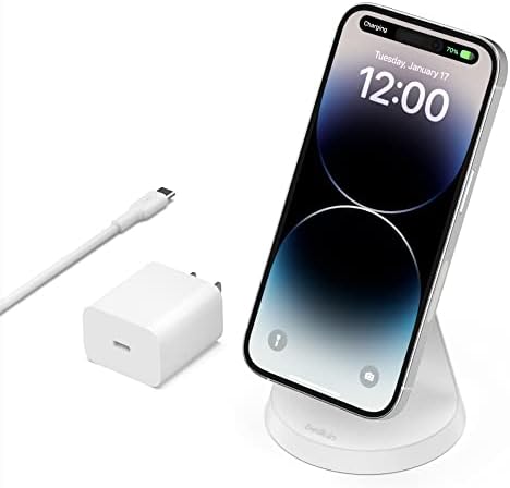 Belkin Magnetic Wireless Charging Stand – Ultra-Fast Mag Safe Charger for i Phone 12, 13, and 14 – Effortless Magnetic Alignment & Integrated Power Supply – Stylish White Design for Modern Environments – Streamlined Wireless Charging Solution for Enhanced User Experience and Aesthetic Appeal