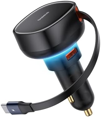 Baseus 33 W Retractable Dual USB-C Car Charger – Fast Charge Your Samsung Galaxy & Tablets on the Go, Sleek Black Design, Compact & Portable, Enhanced Safety Features for Effortless Travel Power Solutions