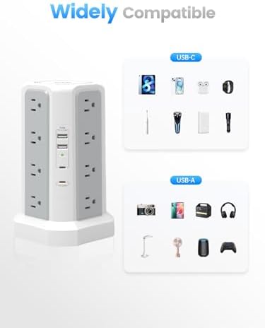 Revolutionize Your Charging Experience: 10 FT Surge Protector Power Strip Tower with 16 Outlets & 4 USB Ports – Efficient Desk Charging Station for Home, Office, or Dorm Room – Ultimate Space-Saving Solution with Robust 1625 W Power Output and Enhanced Safety Features