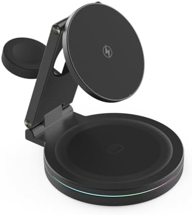 Revolutionary 3-in-1 Foldable Magnetic Wireless Charging Station for i Phone, Apple Watch & Air Pods – 15 W Fast Charge, 360º Rotatable Zinc Alloy Design – Portable Power Hub with Adapter for Seamless Compatibility and Superior Durability in Gray