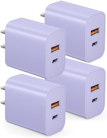 Compact 20 W USB C Wall Charger Set – Fast Charging 4-Pack in Stylish Purple for i Phone 16, Samsung, and Android Devices – Ultimate Portability and Efficiency for On-the-Go Power Needs