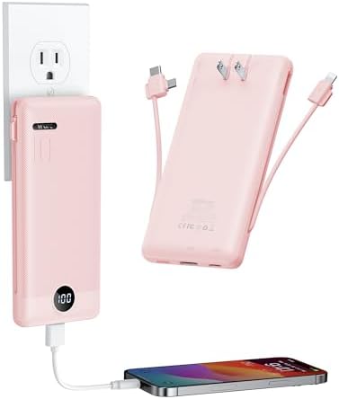 VRURC 10000 m Ah Slim Portable Power Bank with Built-in Cables – PD 20 W Fast Charging USB-C Charger for Effortless Device Powering – Ideal Travel Companion with Wall Plug and Enhanced Compatibility – Perfect for Busy Professionals and On-the-Go Users – Black (1 Pack)
