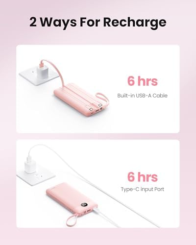 Sleek 10,000 m Ah Ultra-Slim Portable Power Bank – Essential Travel Charger with Integrated Cables, 5 Outputs & 2 Inputs, LED Battery Monitor – Universal Compatibility for i Phone & Android Devices – Chic Pink Design for Effortless On-the-Go Charging