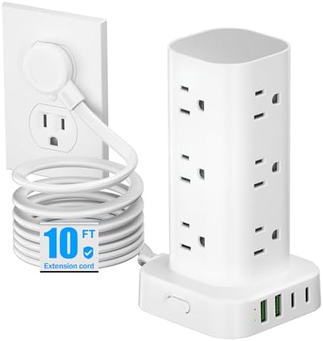 Ultimate Tower Power Strip Surge Protector – 12 AC Outlets & 4 High-Speed USB Ports (2 USB-C) with 6 FT Flexible Extension Cord – Versatile Charging Station for Home, Office, Dorm & Travel (Black) – Unmatched Safety & Space-Saving Design
