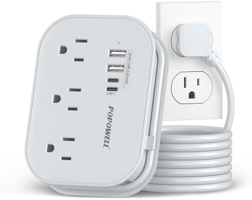 Compact Flat Plug Power Strip with 3 AC Outlets & 4 USB Ports (2 USB-C) – Ultimate Travel Charging Station with 5 Ft Extension Cord for Home and Dorm Use – Essential Non-Surge Protector for Cruises and On-the-Go Power Solutions – Enhanced Device Compatibility and Speed