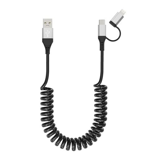 Versatile Coiled USB to USB-C & Lightning Cable Combo for i Phone and Android – MFi Certified Fast Charge & Data Sync up to 3 A – Tangle-Free Design for Apple Car Play & Android Auto Compatibility – Durable, High-Quality Charging Solution for Seamless Connectivity on the Go