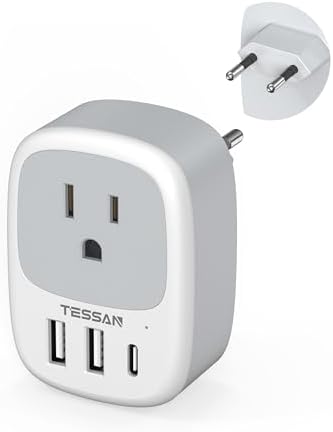 TESSAN Type E F Plug Adapter with 3 Fast USB Charging Ports – Ultimate Travel Power Converter for Europe – Compact Schuko Outlet Adapter for US Devices in Germany, France, Spain, Greece, and Beyond – Lightweight and Durable Power Solution for All Your Electronics
