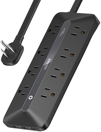 Anker 12-in-1 Flat Plug Power Strip – Ultimate USB-C Charging Station with 8 AC Outlets, 2 USB-C, 2 USB-A Ports, 5 ft Extension Cord, Slim Design for Home & Office, 900 J Surge Protection, Fast 35 W Output for Enhanced Device Safety and Efficiency