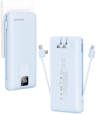 Charmast Ultra-Fast 20000 m Ah Portable Charger with Integrated Cables and Wall Plug – Universal Compatibility for i Phone 16/15/14/13, Samsung, Google, i Pad – Sleek Design, Rapid 20 W USB-C Power Delivery for On-the-Go Charging Solutions