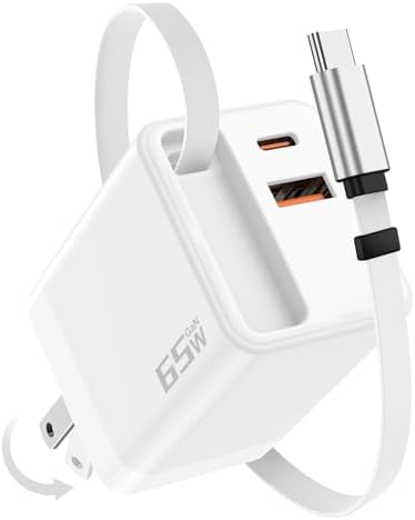 Ultimate 65 W USB-C Retractable Wall Charger with Built-in Type C Cable – Fast Charging Ga N Technology Adapter for i Phone 16/15/14/13 Pro Max, Mac Book Pro/Air, Samsung Galaxy, and Google Pixel – Compact and Portable Power Solution for All Devices