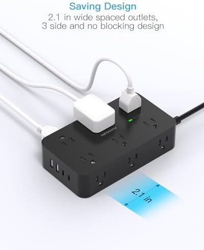 HANYCONY 12-Outlet Power Strip Surge Protector with 4 USB Ports (2 USB-C) – 6 ft Flat Extension Cord with 1800 J Surge Protection, Wall-Mountable Charging Station for Home, Office, and Dorm Room – Ultimate Device Connectivity and Fast Charging Solutions