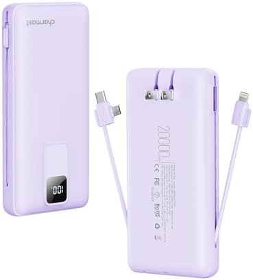 Charmast Ultra-Fast 20000 m Ah Portable Charger with Integrated Cables and Wall Plug – Universal Compatibility for i Phone 16/15/14/13, Samsung, Google, i Pad – Sleek Design, Rapid 20 W USB-C Power Delivery for On-the-Go Charging Solutions